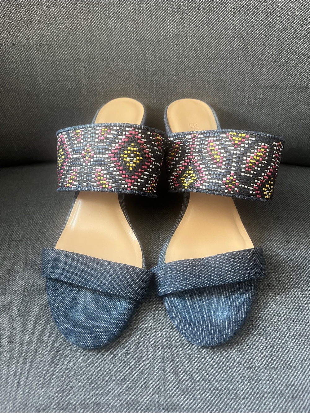 Expressions Navy Denim Slide Sandals with Multicolor Beadwork